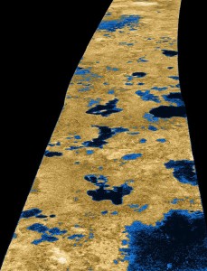 Lakes of liquid methane on Titan. Credit: NASA/JPL-Caltech/USGS.