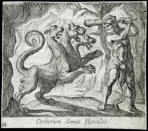 Herakles (Latin Hercules) fighting Kerberos the 3-headed dog.