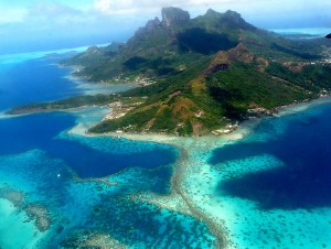 Beautiful sand beaches at Bora-Bora island.